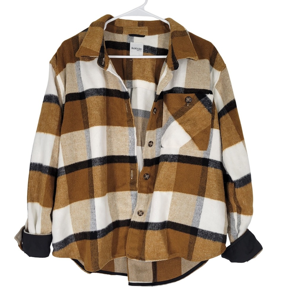 Kensie Jeans Plaid Flannel Shirt Jacket‎ Oversized Brown Black Large Shacket